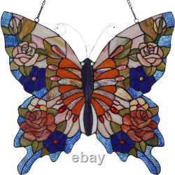 W10027 Butterfly Tiffany Style Stained Glass Window Panel with Chain, 18 W X 17