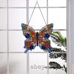 W10027 Butterfly Tiffany Style Stained Glass Window Panel with Chain, 18 W X 17