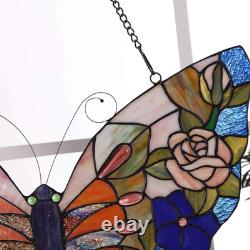W10027 Butterfly Tiffany Style Stained Glass Window Panel with Chain, 18 W X 17