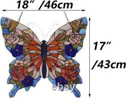 W10027 Butterfly Tiffany Style Stained Glass Window Panel with Chain, 18 W X 17