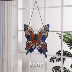 W10027 Butterfly Tiffany Style Stained Glass Window Panel with Chain, 18 W X 17