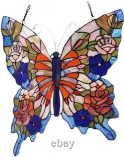 W10027 Butterfly Tiffany Style Stained Glass Window Panel with Chain, 18 W X 17