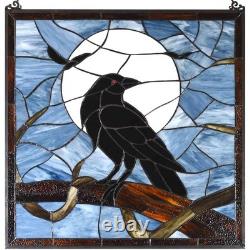 W10097 Tiffany Style Stained Glass Window Panel with Raven Sitting on Bare Tr