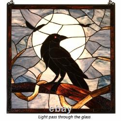 W10097 Tiffany Style Stained Glass Window Panel with Raven Sitting on Bare Tr