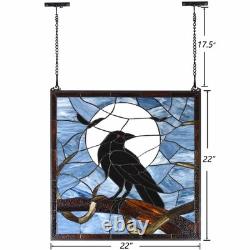 W10097 Tiffany Style Stained Glass Window Panel with Raven Sitting on Bare Tr