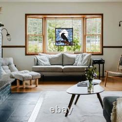 W10097 Tiffany Style Stained Glass Window Panel with Raven Sitting on Bare Tr