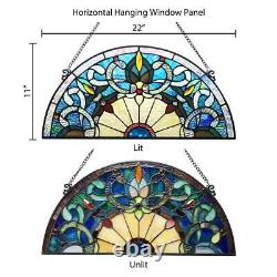 Window Panel Blue Victorian Corista Half-Moon Stained Glass Handcrafted Hanging