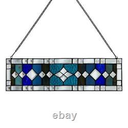 Window Panel Geometric Patterning Blue 44-Cut Stained Glass Hanging Contemporary