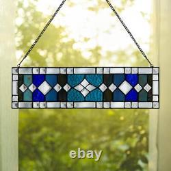 Window Panel Geometric Patterning Blue 44-Cut Stained Glass Hanging Contemporary