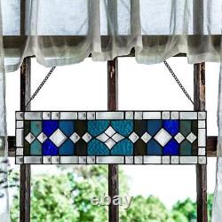 Window Panel Geometric Patterning Blue 44-Cut Stained Glass Hanging Contemporary