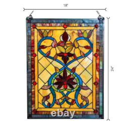 Window Panel Handcrafted Multi Stained Glass Fiery Hearts and Flowers NEW