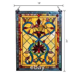 Window Panel Multi Stained Glass Fiery Hearts & Flowers with Hanging Hardware