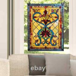 Window Panel Multi Stained Glass Fiery Hearts & Flowers with Hanging Hardware