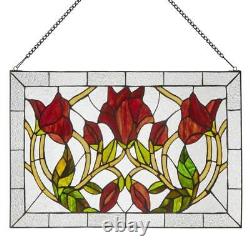 Window Panel Red Floral Vines Traditional Multicolor Stained Glass Hanging Chain