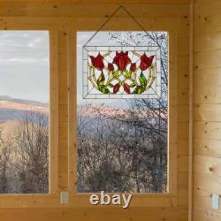 Window Panel Red Floral Vines Traditional Multicolor Stained Glass Hanging Chain