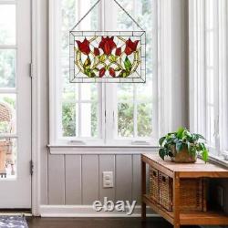 Window Panel Red Floral Vines Traditional Multicolor Stained Glass Hanging Chain