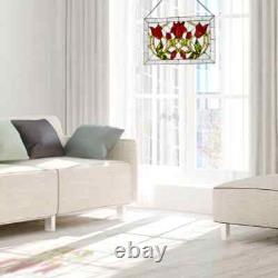 Window Panel Red Floral Vines Traditional Multicolor Stained Glass Hanging Chain