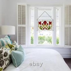 Window Panel Red Floral Vines Traditional Multicolor Stained Glass Hanging Chain