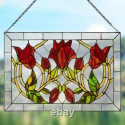Window Panel Red Floral Vines Traditional Multicolor Stained Glass Hanging Chain
