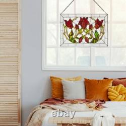 Window Panel Red Floral Vines Traditional Multicolor Stained Glass Hanging Chain