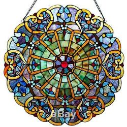 Window Panel Suncatcher Blue Stained Glass Tiffany Style 22in Diameter