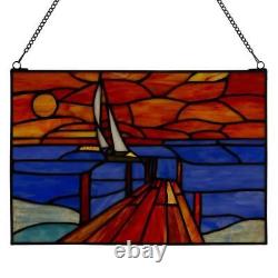 Window Panel Sunset Sail Art Blue Orange Rectangular Stained Glass Hanging Chain