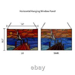 Window Panel Sunset Sail Art Blue Orange Rectangular Stained Glass Hanging Chain