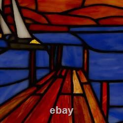 Window Panel Sunset Sail Art Blue Orange Rectangular Stained Glass Hanging Chain