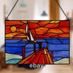 Window Panel Sunset Sail Art Blue Orange Rectangular Stained Glass Hanging Chain