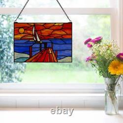 Window Panel Sunset Sail Art Blue Orange Rectangular Stained Glass Hanging Chain