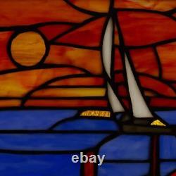 Window Panel Sunset Sail Art Blue Orange Rectangular Stained Glass Hanging Chain