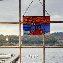 Window Panel Sunset Sail Art Blue Orange Rectangular Stained Glass Hanging Chain