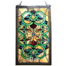 Window Panel Vintage Victorian Design 17 X 28 Tiffany Style Stained Glass PAIR