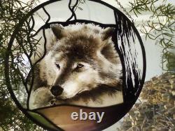 Wolf Spirit'Winter Wolf' stained glass window, glass painting kiln fired
