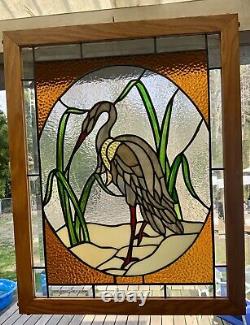 Wood Framed Handmade Beveled Stained Glass Egret Panel