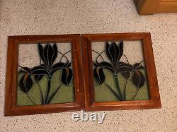 Wood Framed Window Panel Set Of 2 Hanging Stained Glass Iris Sun Catcher Lead