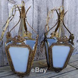 XLNT Pair Antique Vtg Gold Gilt Pendant Light Fixtures Blue Stained Glass Panels