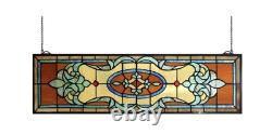 Yogoart XL Blue Victorian Stained Glass Window Panel Horizontal Handmade Art